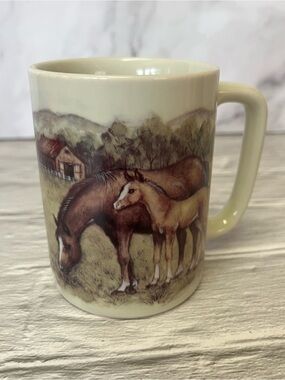 Vintage Otagiri Japan Horse, Mare & Foal Ceramic Mug Pastoral Farm Scene